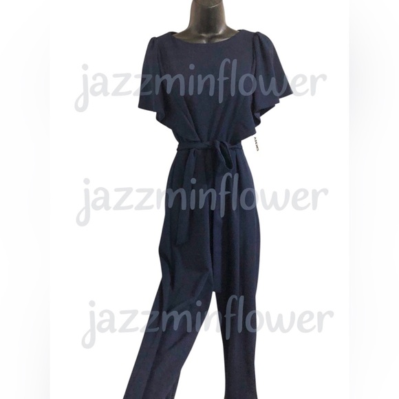 DKNY dark navy blue flutter‎ sleeve belted jumpsuit size 4 new - Picture 7 of 13